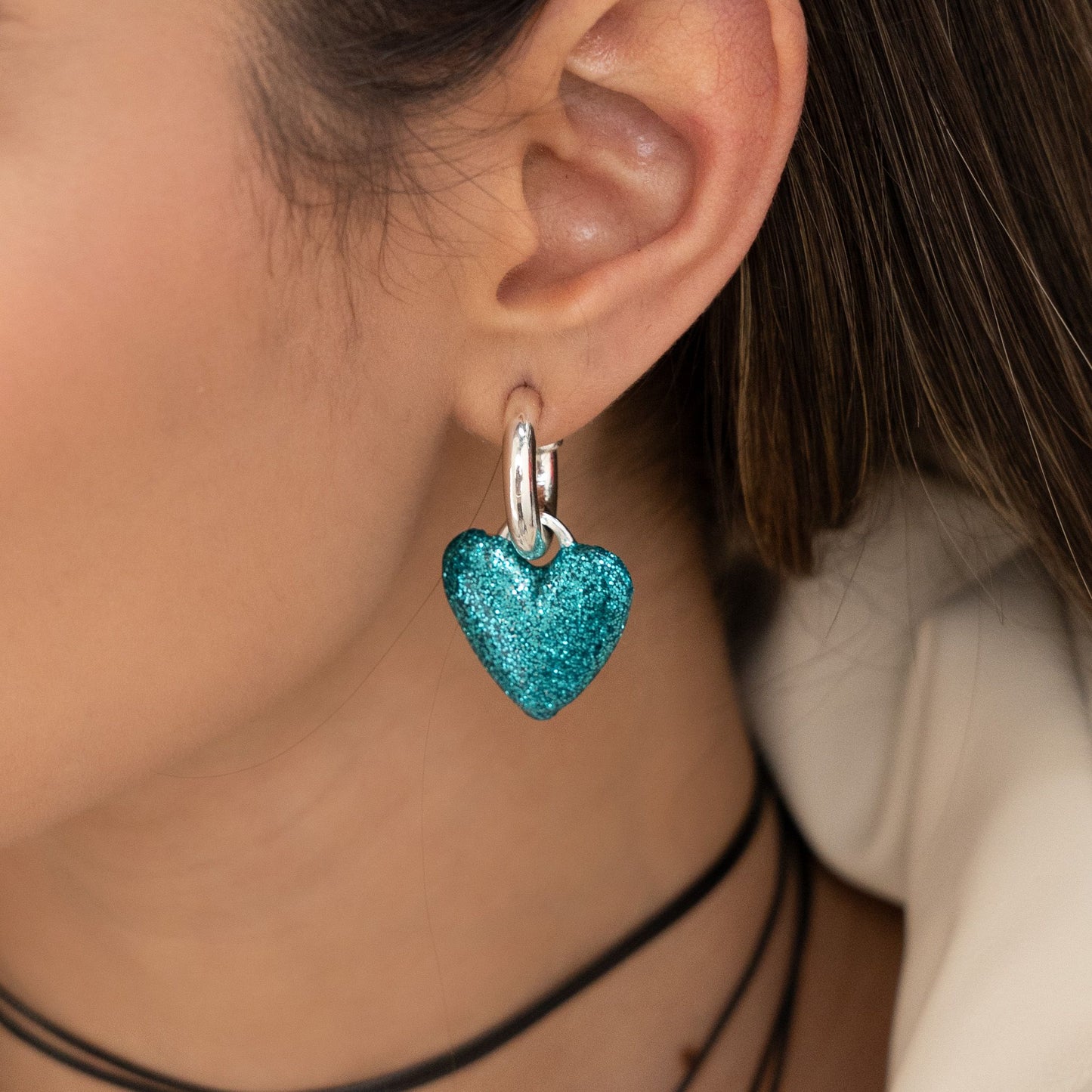 Blue Glitter Heart Hoops