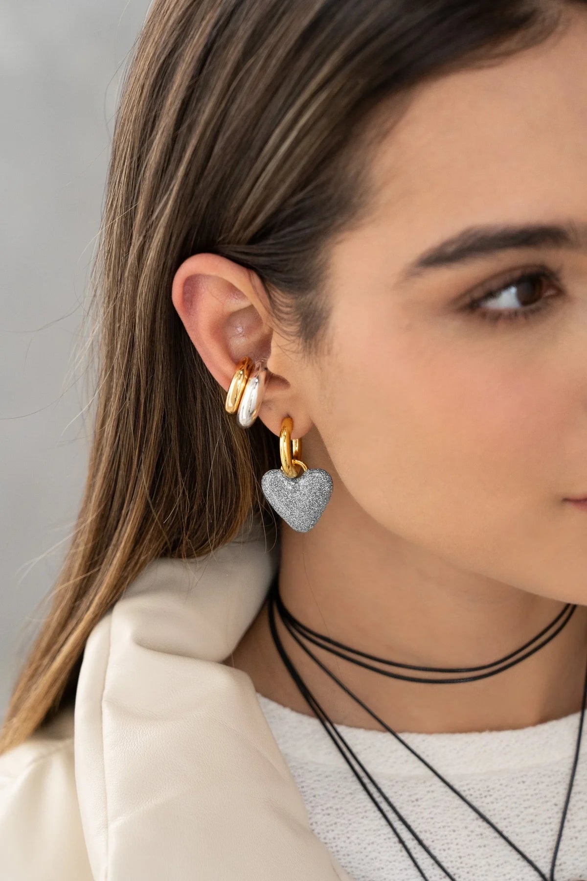 Silver Glitter Heart Hoops