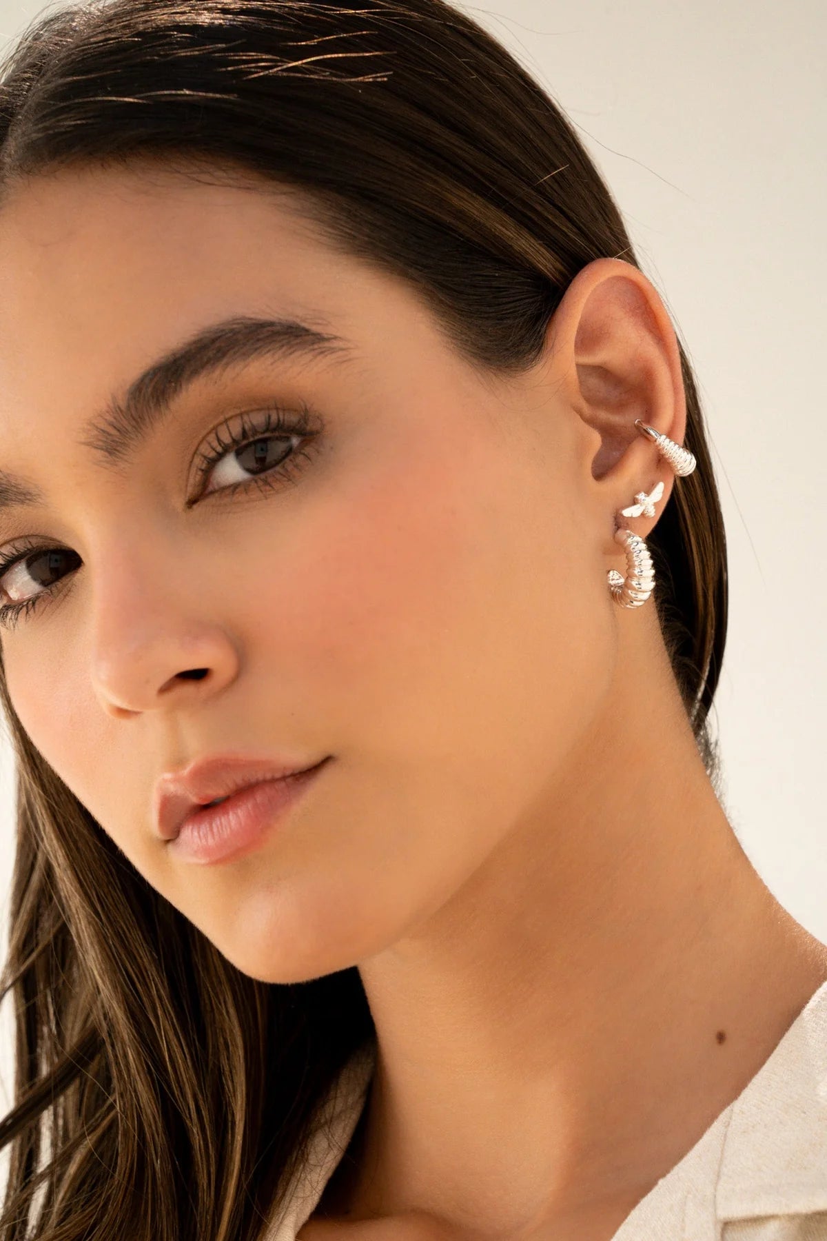 Silver Bee Earrings Set – Dainty Hoop, Stud & Cuff for Women