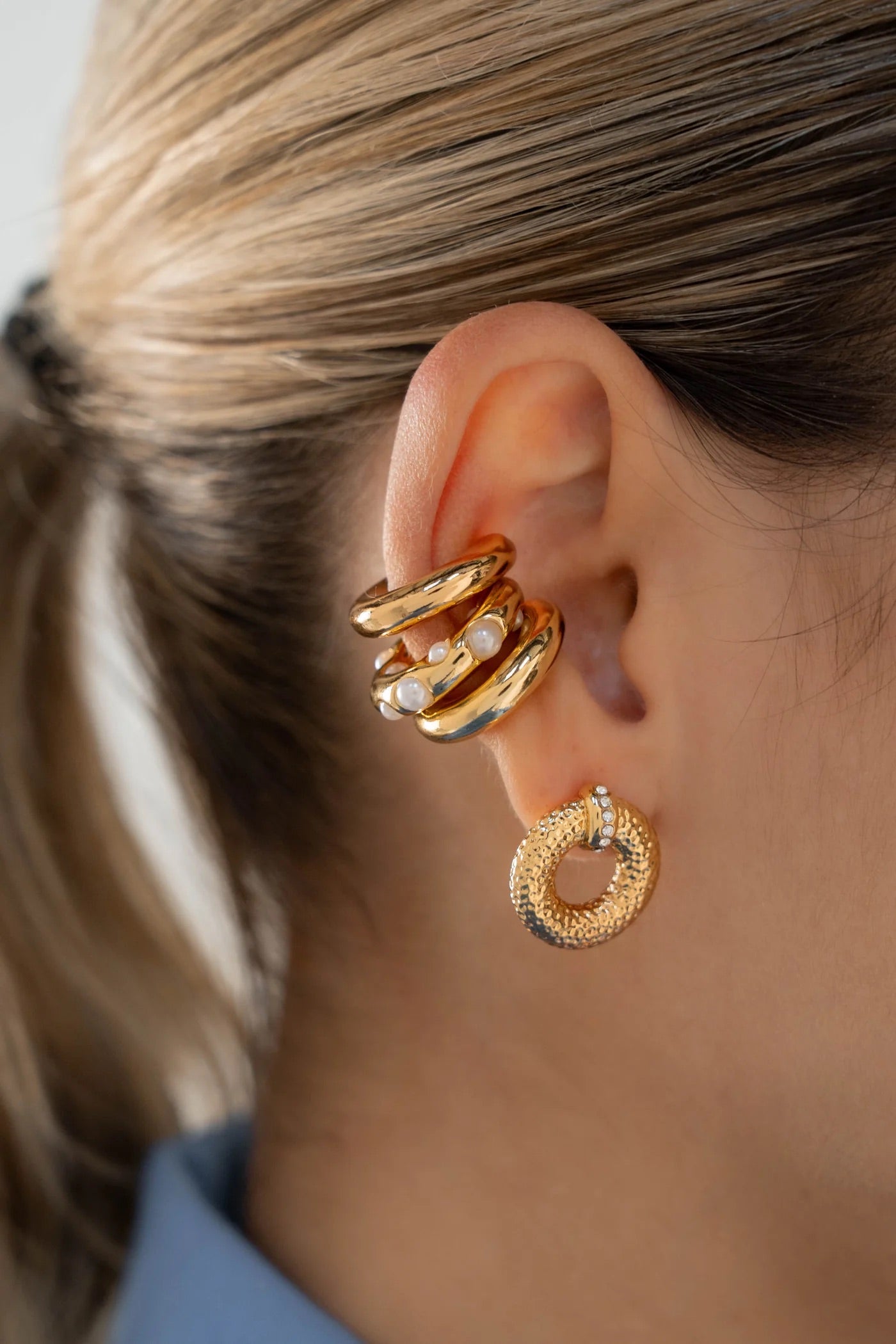 Textured Gold Hoop Earrings with Crystals