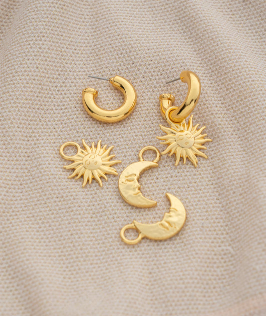 Gold Sun and Moon Charm Earrings