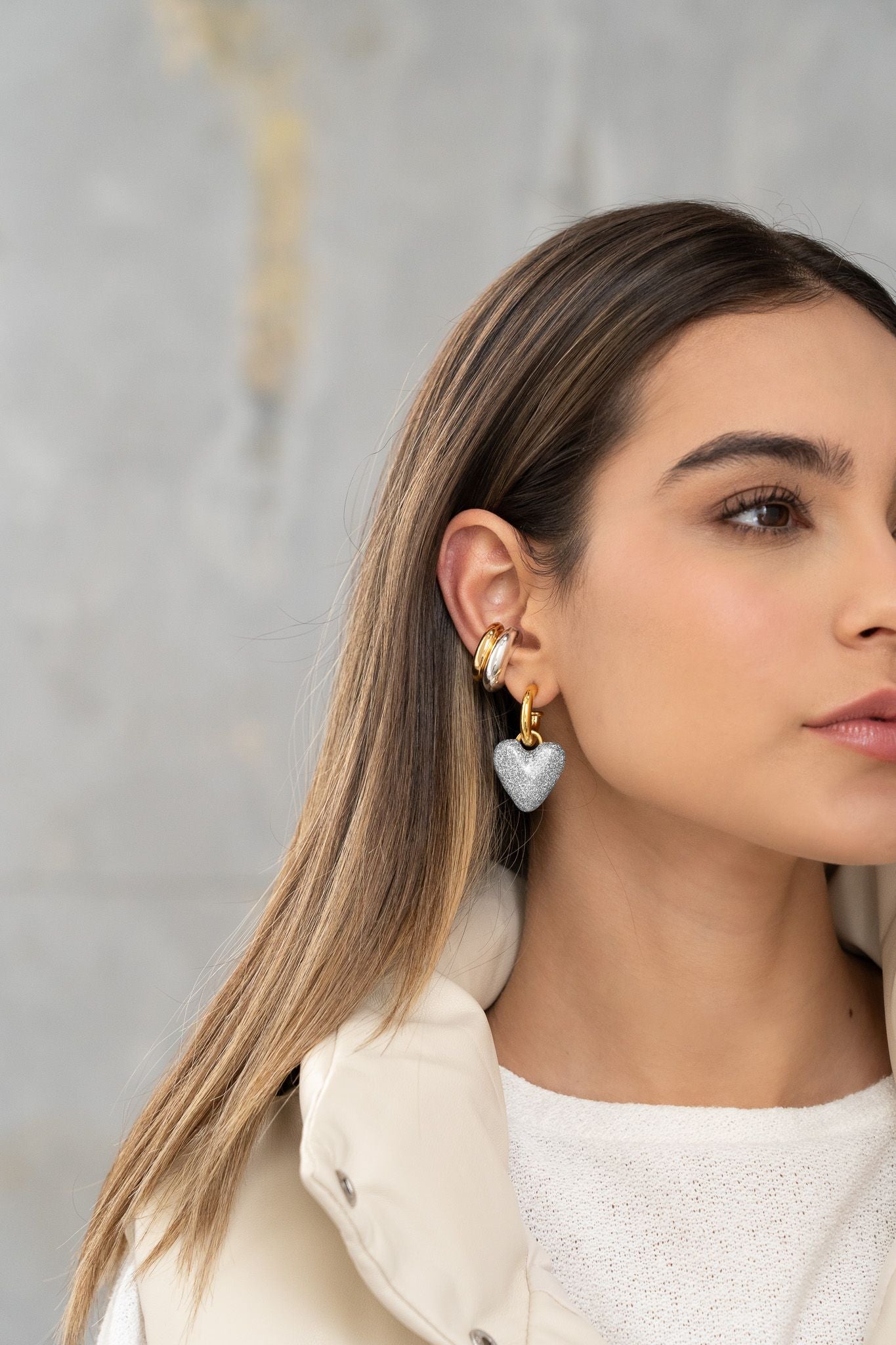 Silver Glitter Heart Hoops