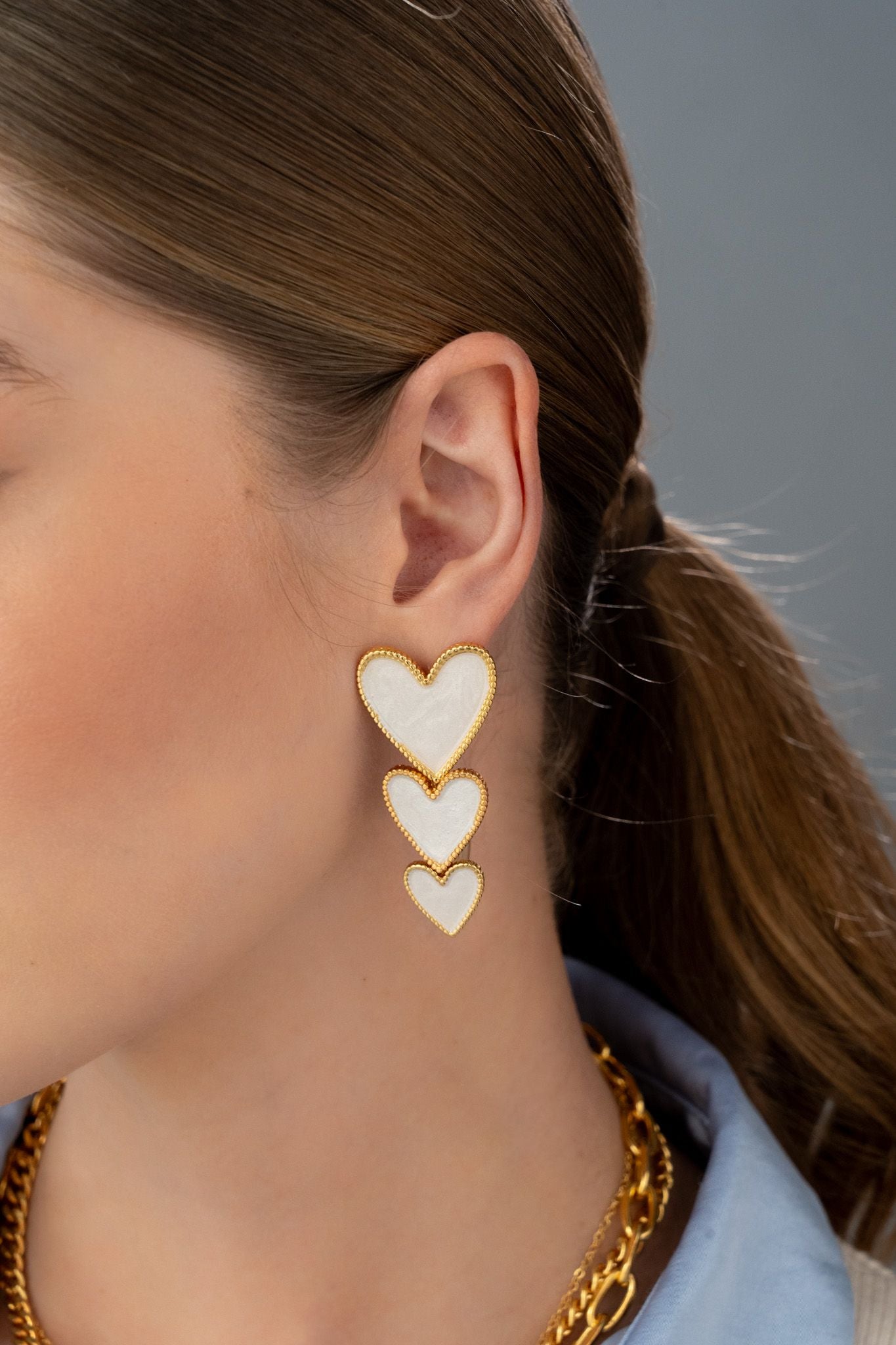 Triple Withe Heart Drop Earrings-Hand painted