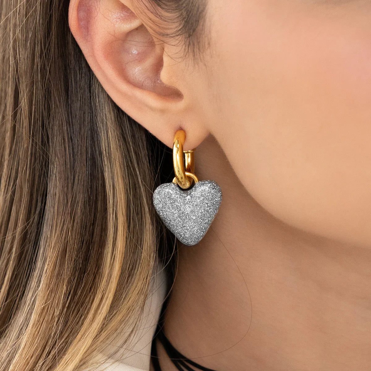 Silver Glitter Heart Hoops