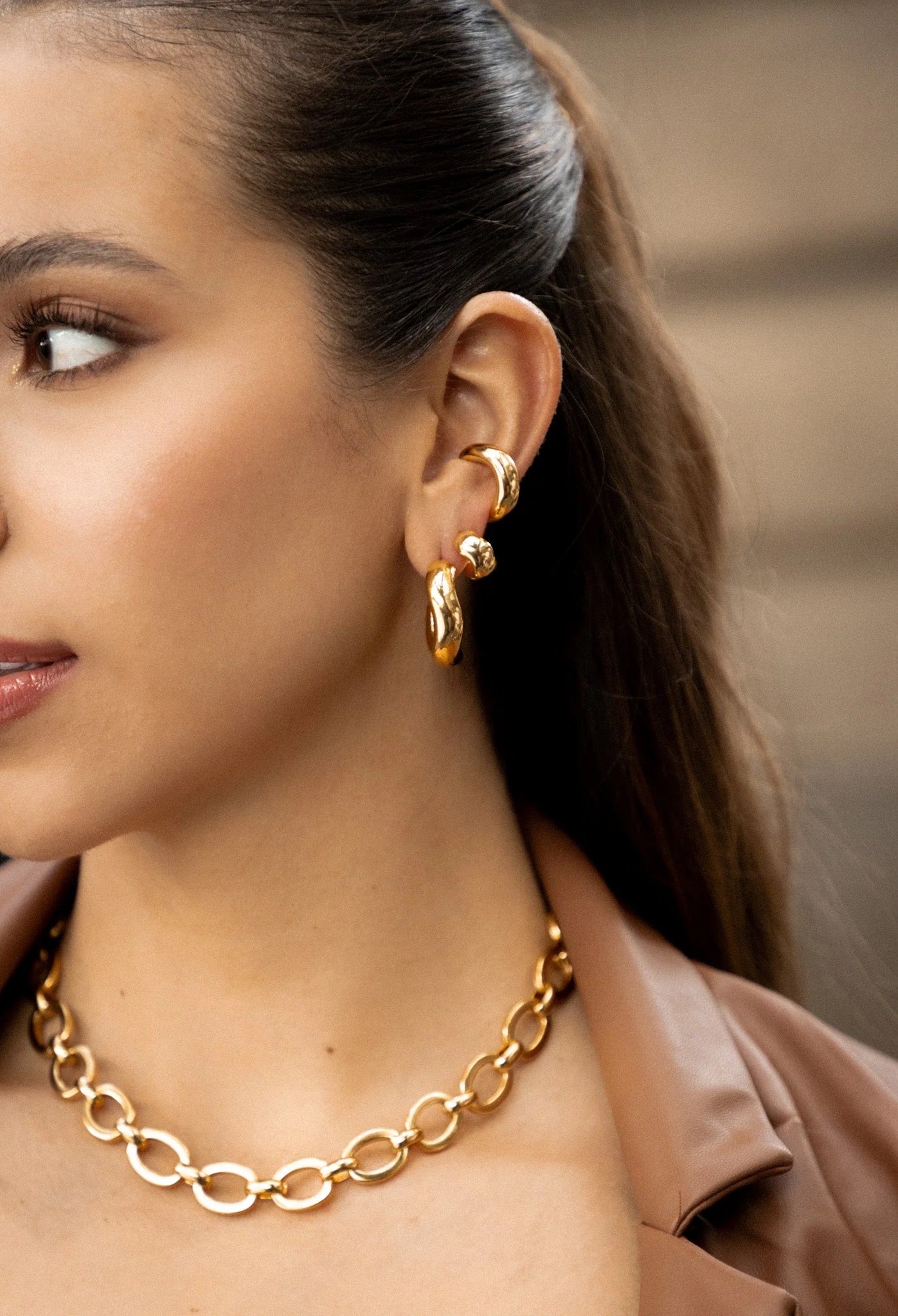 Gold Wavy hoop earrings set, Large Hoop, Small Hoop and Earcuff