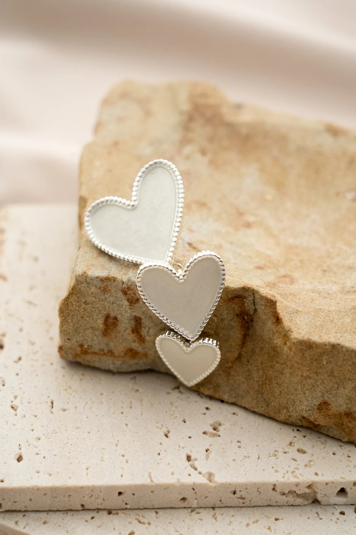 Triple White Heart Drop Earrings-Silver plated
