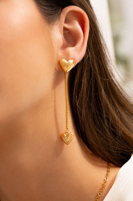 Gold Heart Drop Chain Earrings