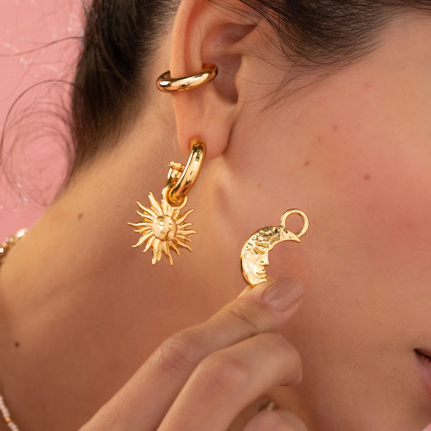 Gold Sun and Moon Charm Earrings