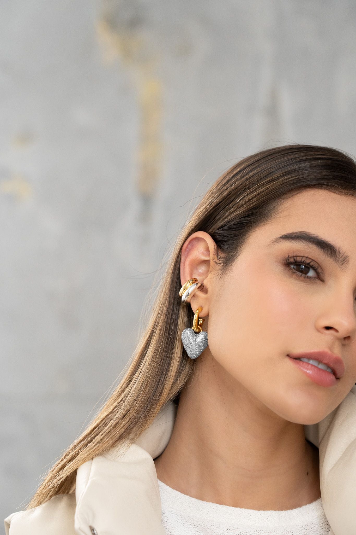 Silver Glitter Heart Hoops