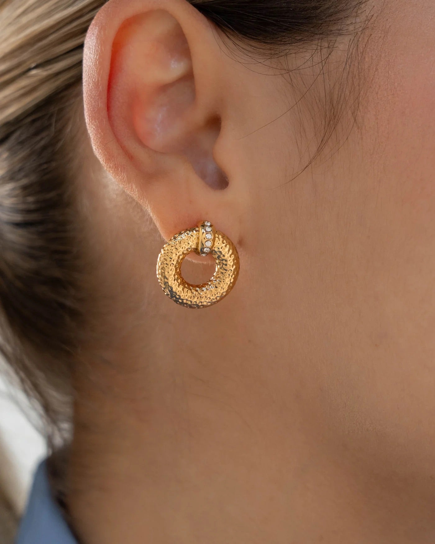 Textured Gold Hoop Earrings with Crystals