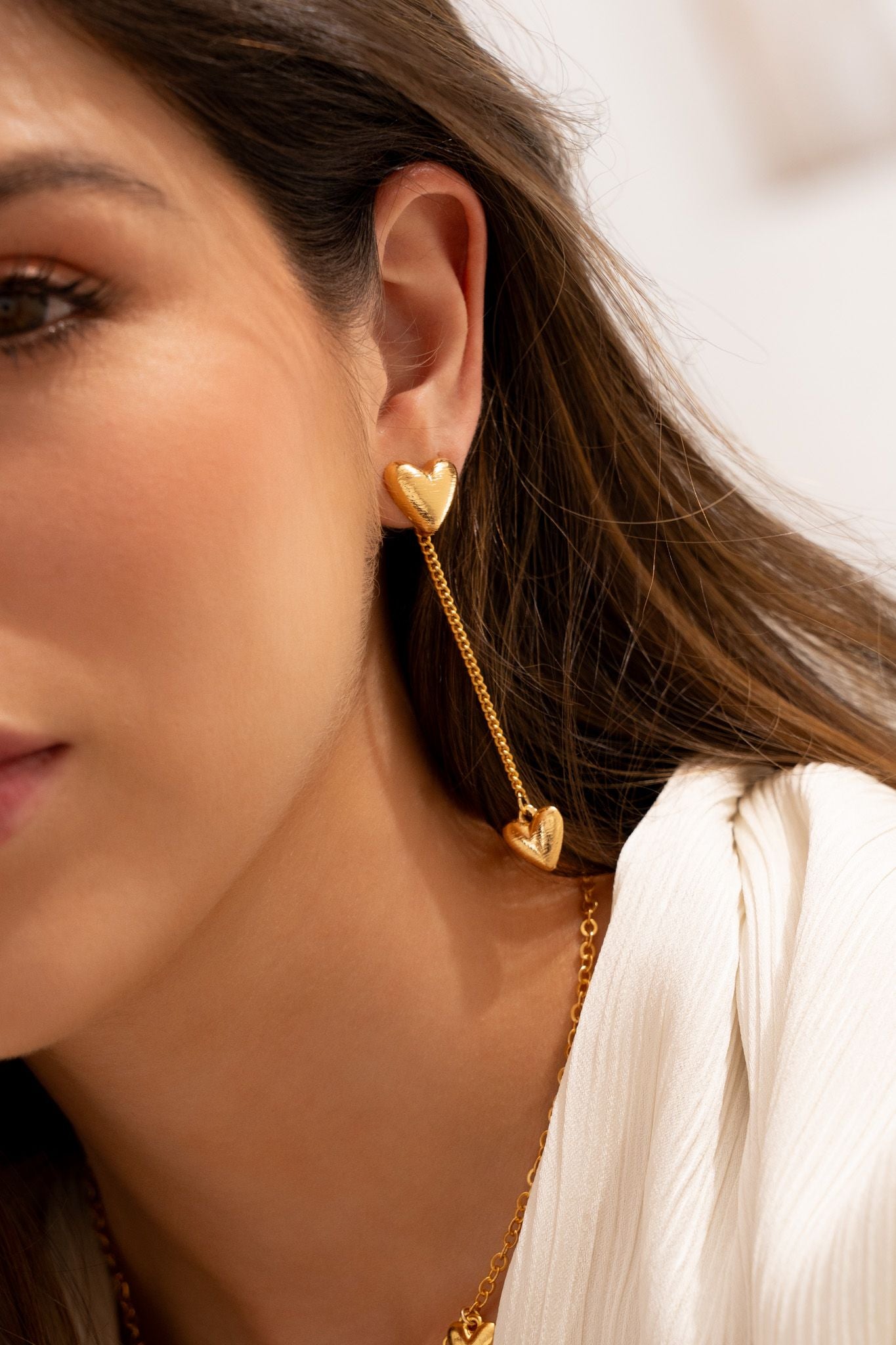 Gold Heart Drop Chain Earrings