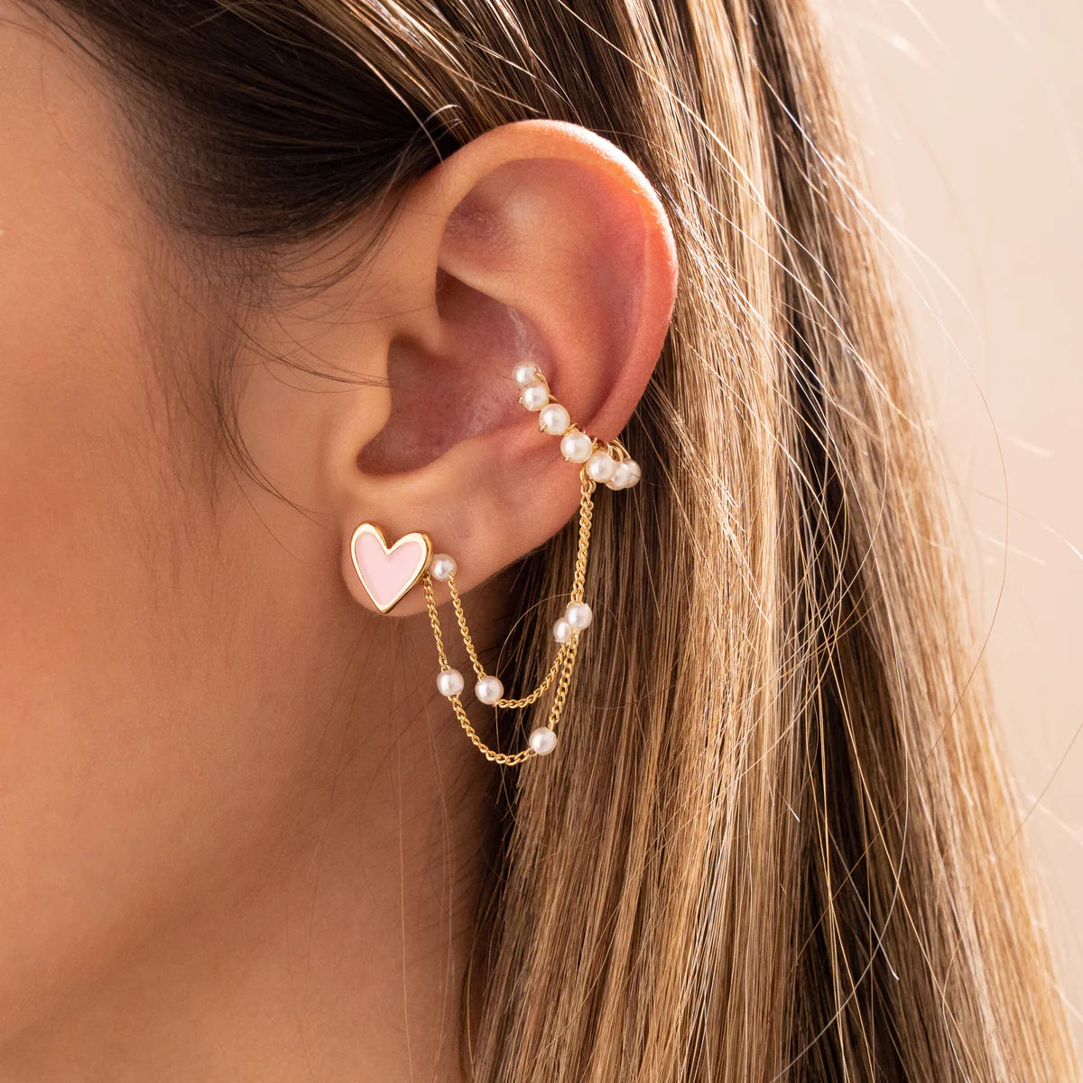 Solitario Pink Heart Earrings+Ear cuff