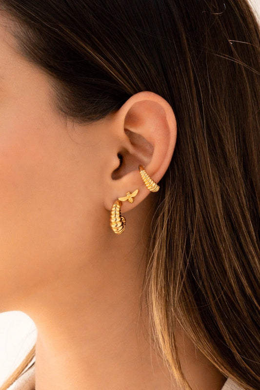 Gold Bee Earrings Set – Dainty Hoop, Stud & Cuff for Women