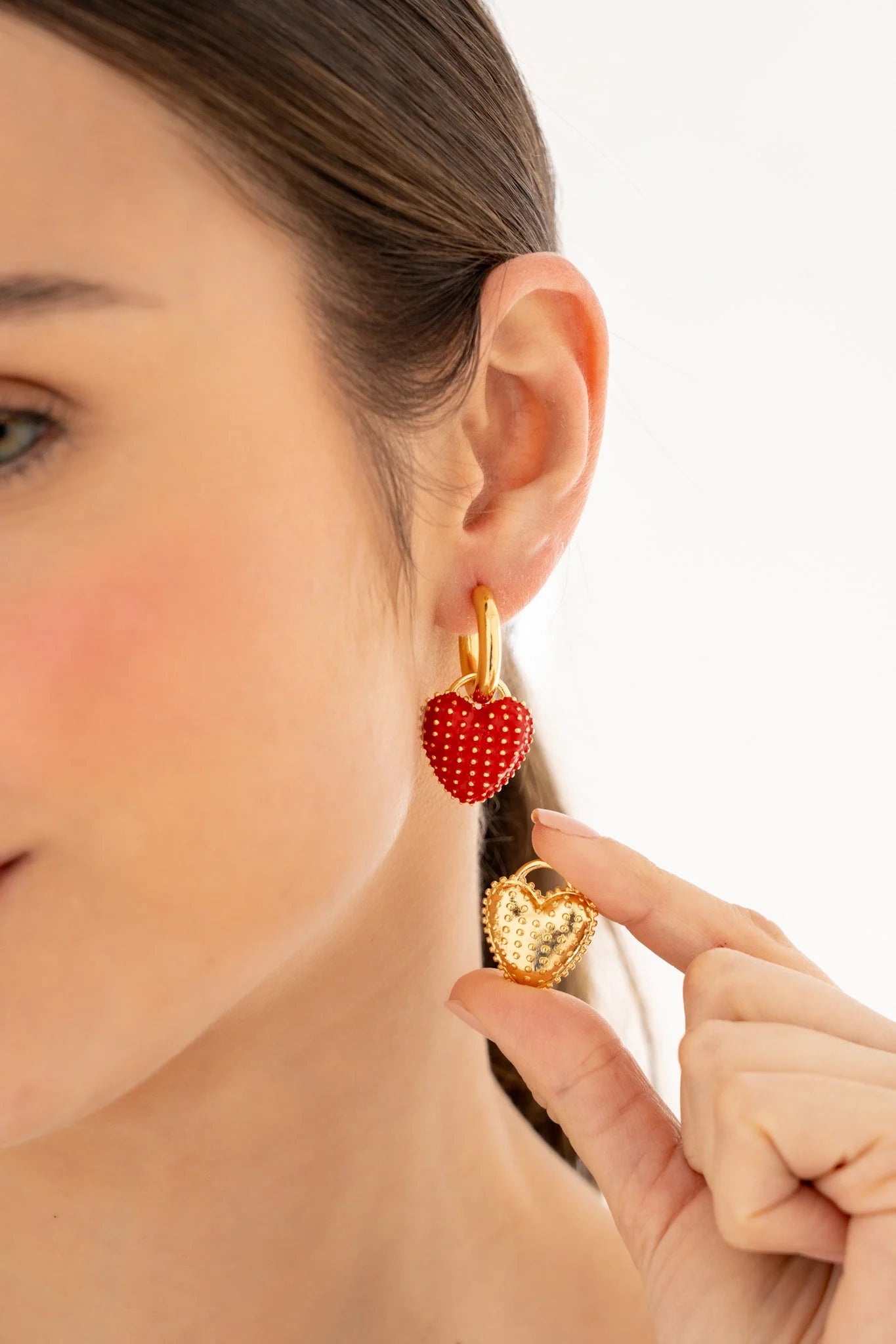 Red-gold heart double charm earrings
