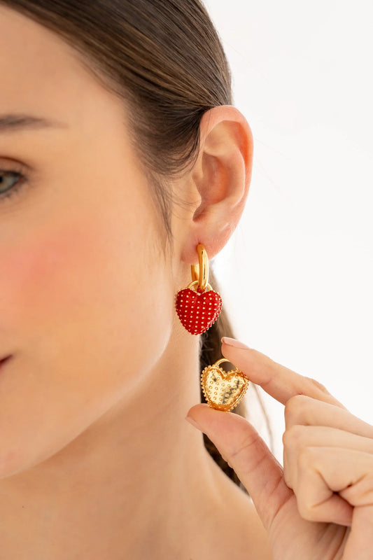 Red-gold heart double charm earrings