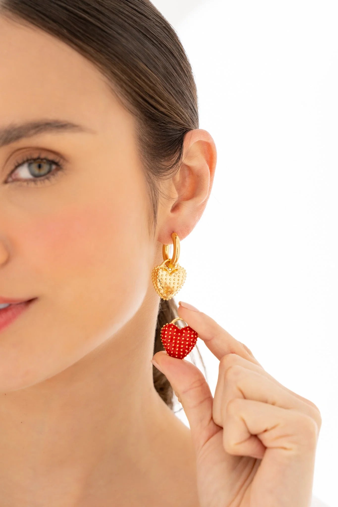 Red-gold heart double charm earrings